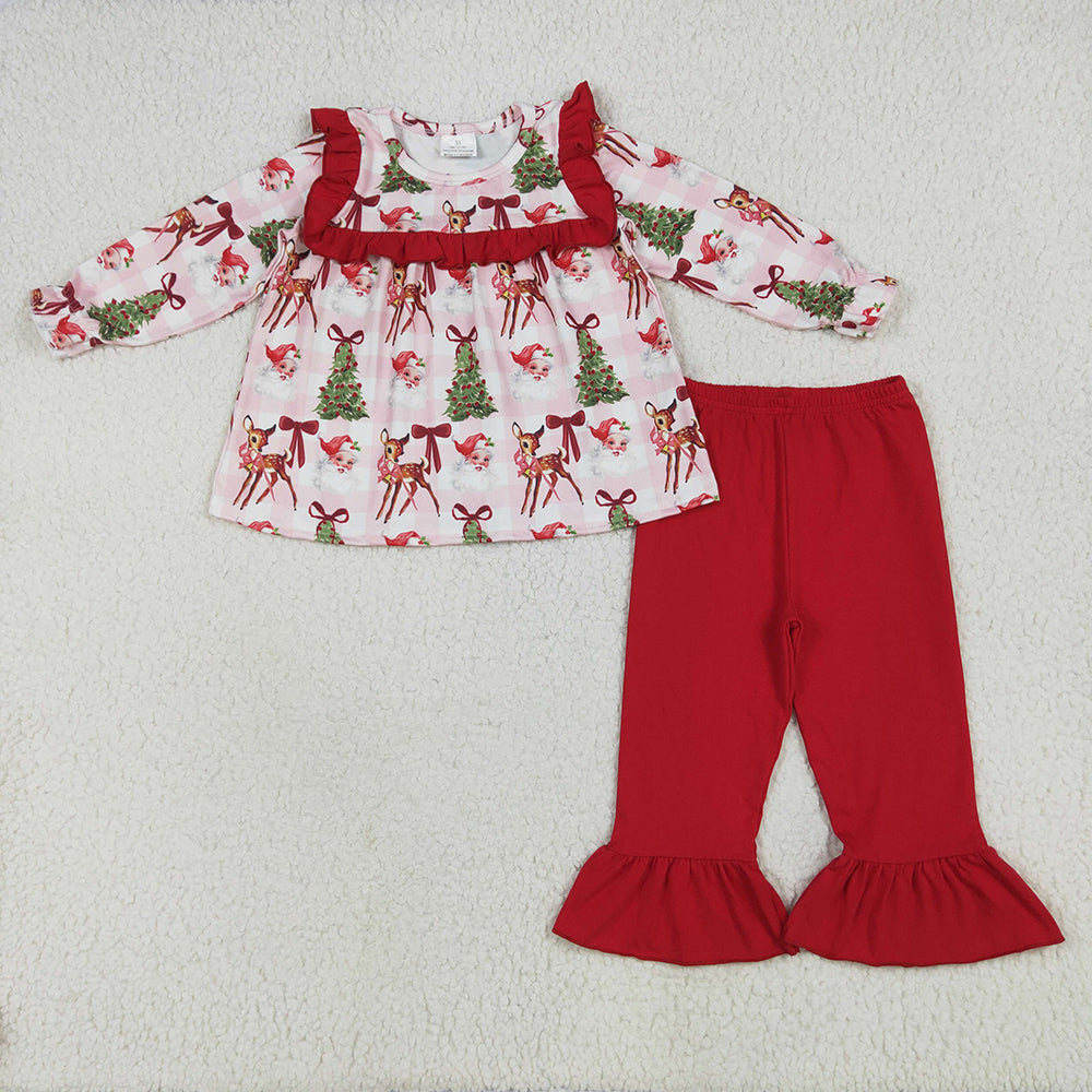 Sibling Baby Girls Red Long Sleeves Santa Trees Rompers Dresses Outfits