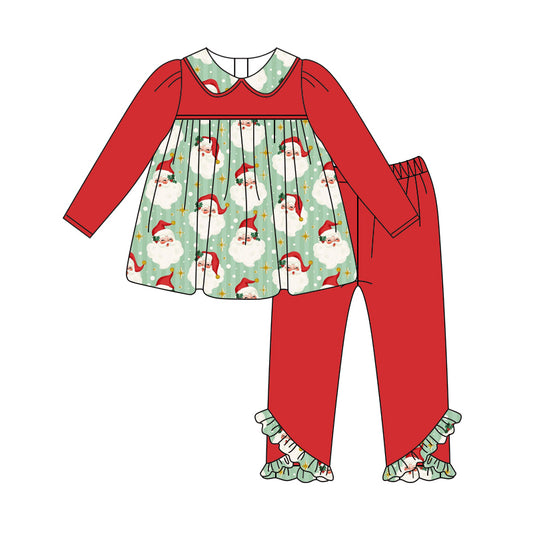 Baby Girls Red Long Sleeves Santa Stars Tunic Ruffle Pant Set Preorder