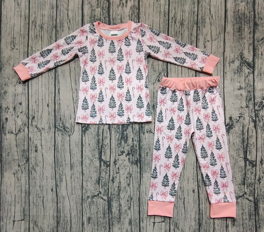 Baby Girls Pink Long Sleeves Bows Trees Top Pant Pajamas Sets