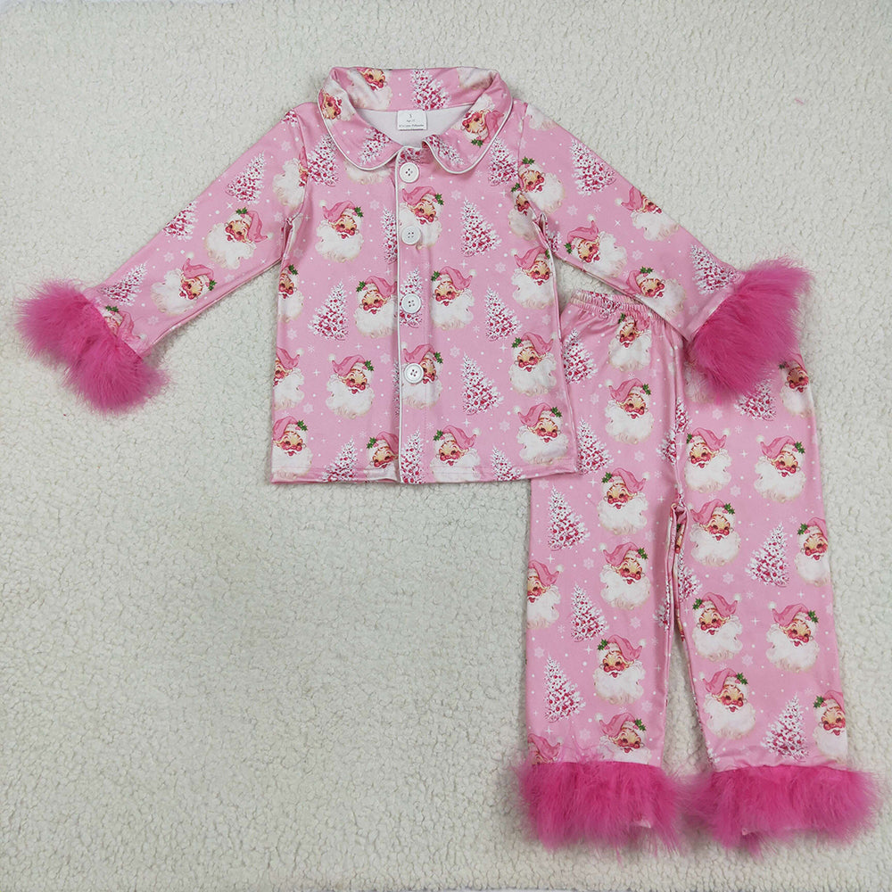 Baby Girls Pink Fur Sleeve Santa Trees Button Top Pant Christmas Pajamas Set