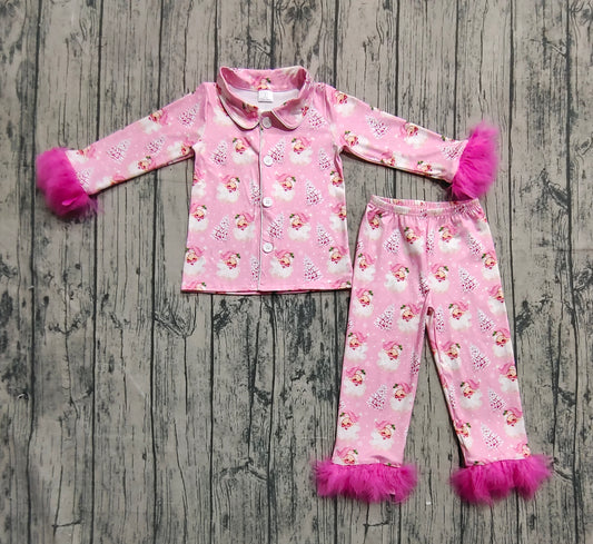 Baby Girls Pink Fur Sleeve Santa Trees Button Top Pant Christmas Pajamas Set