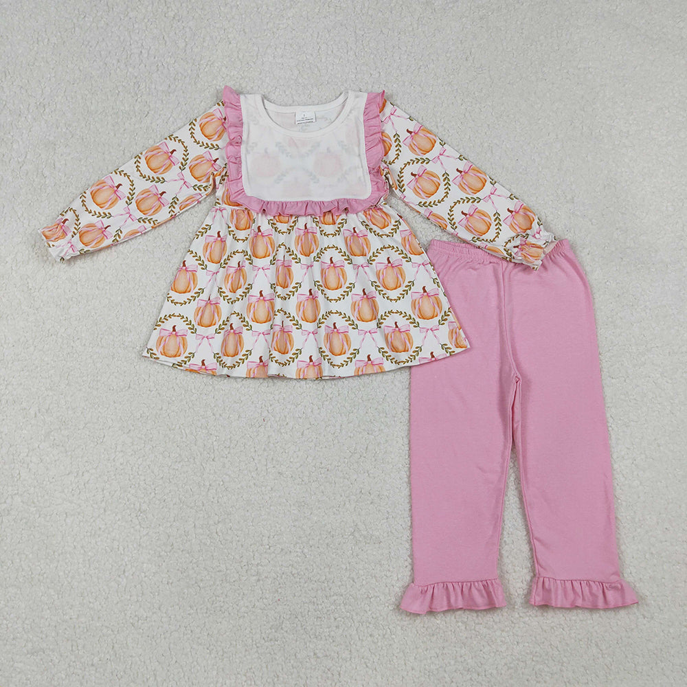 Baby Girls Fall Pumpkins Bows Plaid Tunic Flame Pants Sets