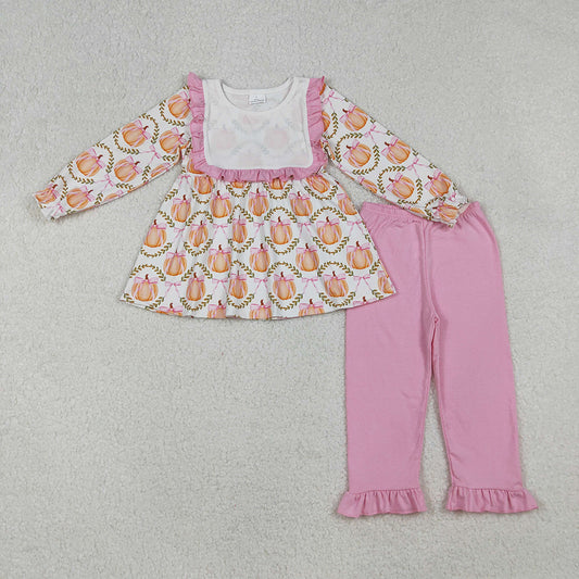 Baby Girls Fall Pumpkins Bows Plaid Tunic Flame Pants Sets