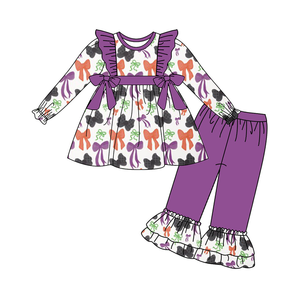 Baby Girls Long Ruffle Sleeves Colorful Bows Plaid Tunic Purple Pant Set Preorder