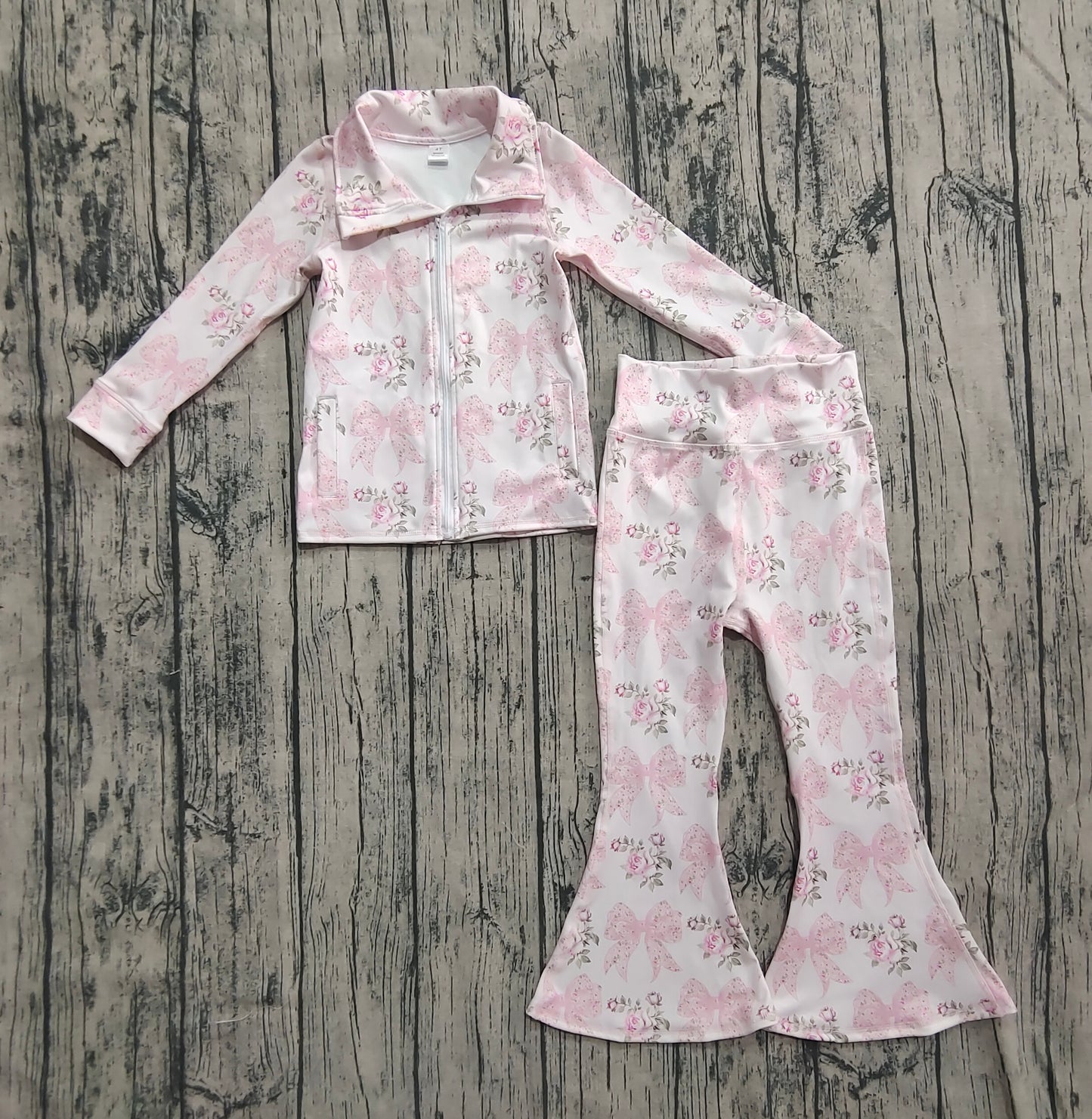 Baby Girls Pink Floral Bows Pockets Zipper Top Bell Bottom Pant Yoga Sets