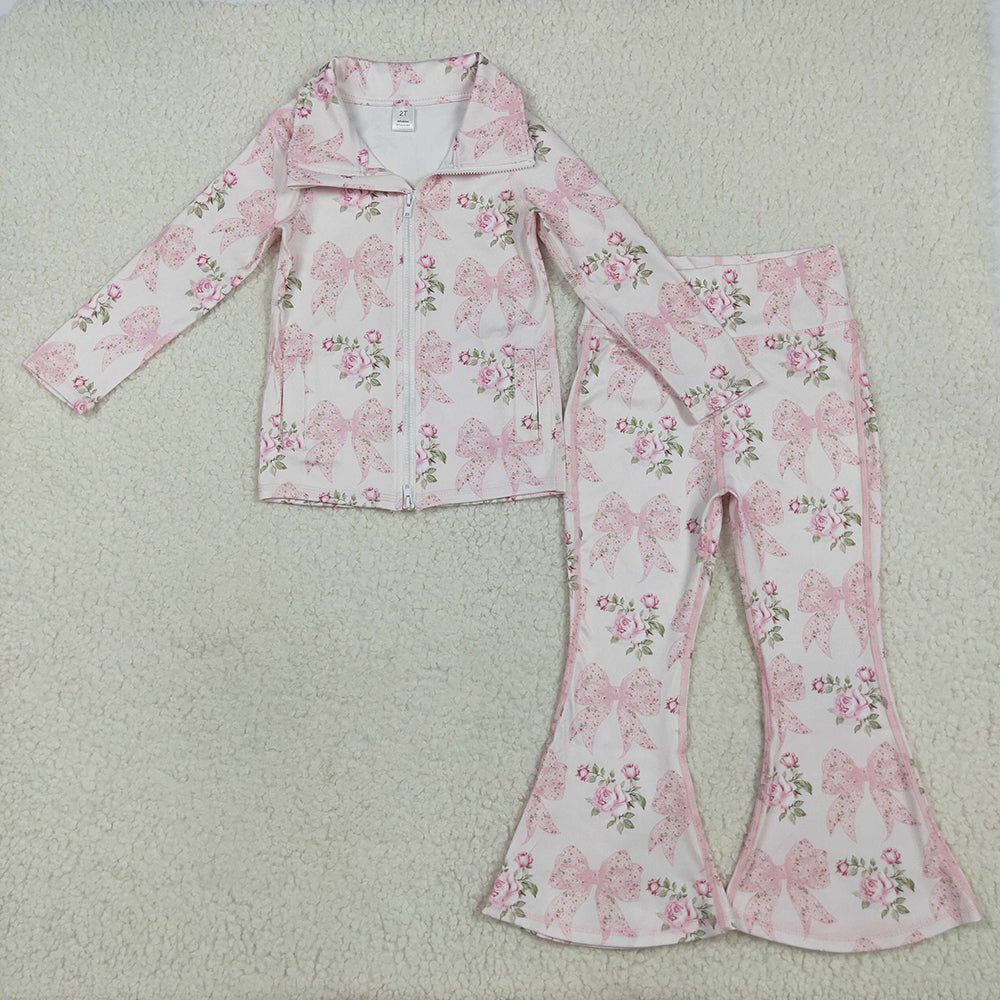Baby Girls Pink Floral Bows Pockets Zipper Top Bell Bottom Pant Yoga Sets
