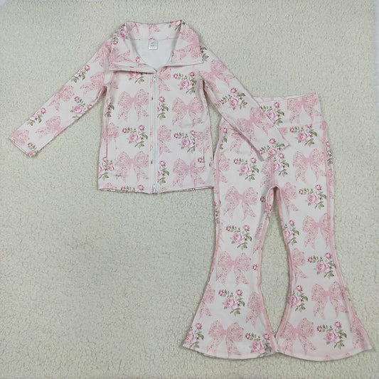 Baby Girls Pink Floral Bows Pockets Zipper Top Bell Bottom Pant Yoga Sets