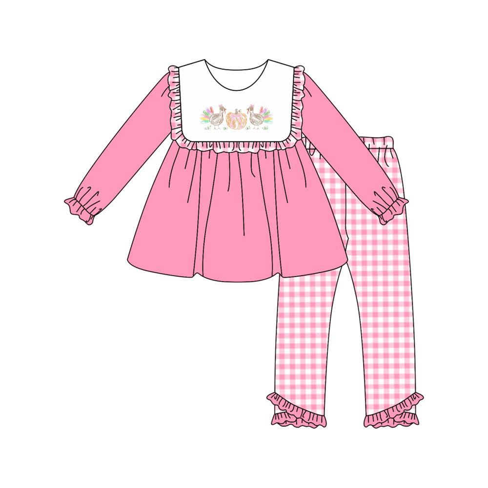 Preorder moq 5 Baby Girls Pink Turkey Pumpkins Tunic Plaid Ruffle Pant Fall Set