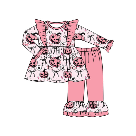 Baby Girls Pink Long Sleeves Ghost Pumpkins Flowers Tunic Ruffle Pant Set Preorder