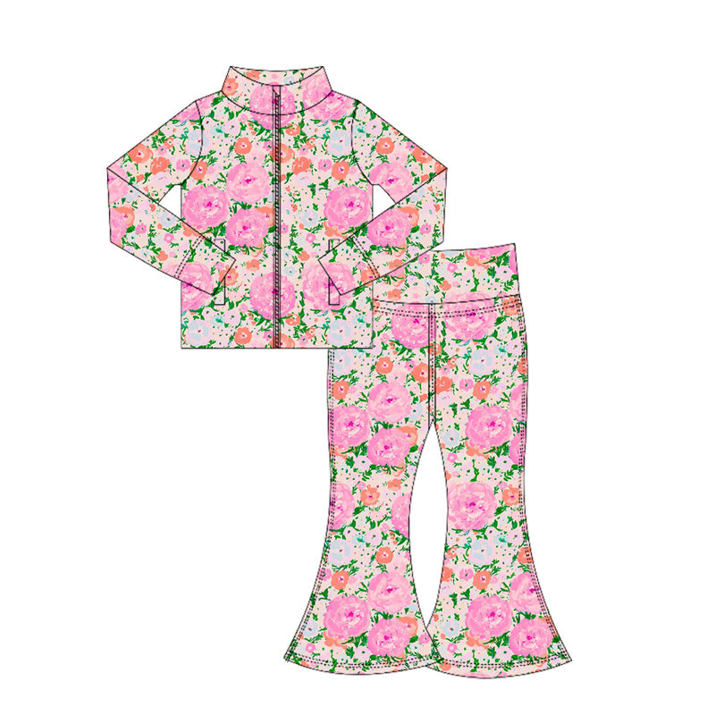 Baby Girls Pink Floral Pockets Zipper Top Bell Bottom Pant Yoga Set Preorder
