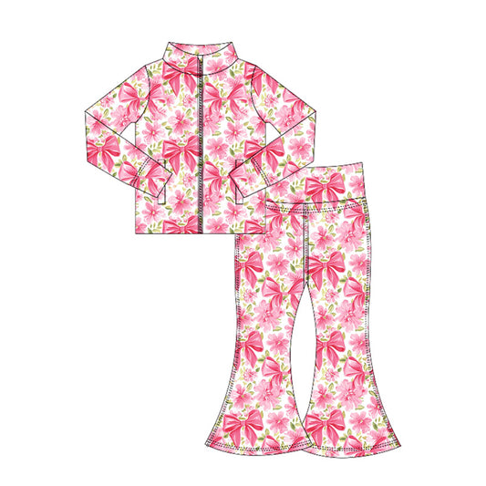 Baby Girls Pink Flowers Bows Pockets Zipper Top Bell Bottom Pant Yoga Set Preorder