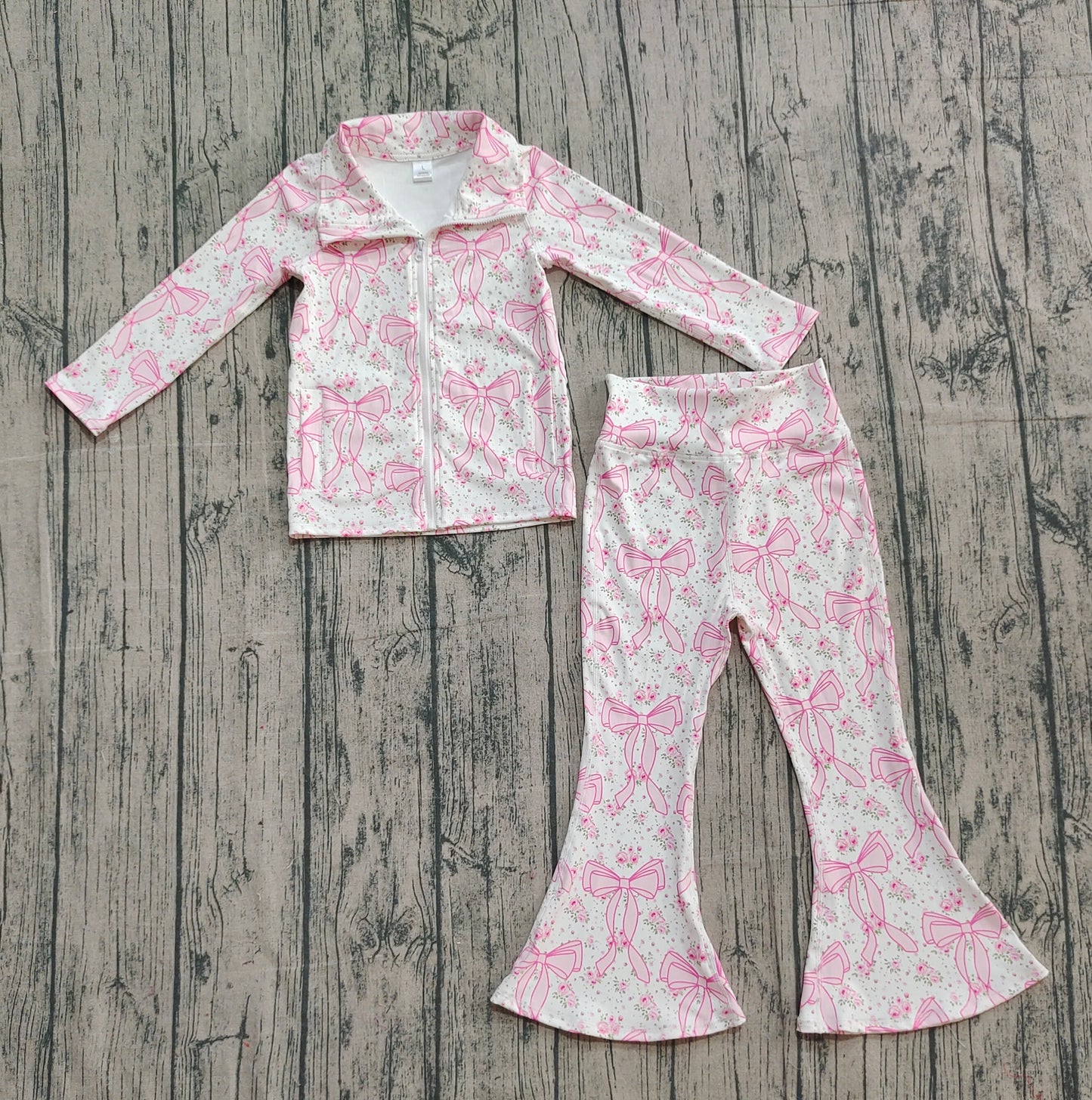 Baby Girls Pink Floral Bows Pockets Zipper Top Bell Bottom Pant Yoga Set