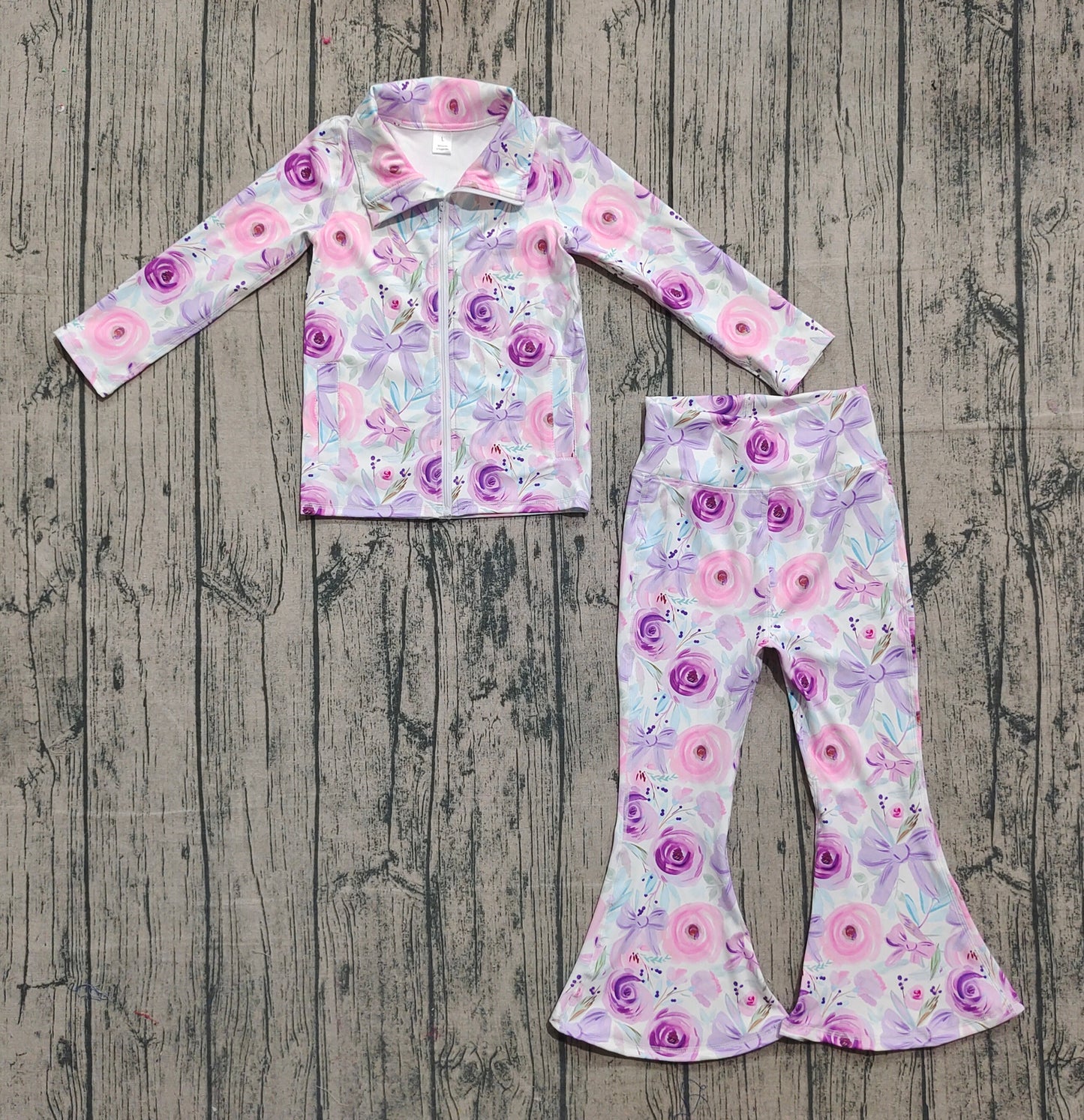 Baby Girls Purple Flowers Bows Zipper Jacket Bell Bottom Pant Yoga Active Clothes Sets
