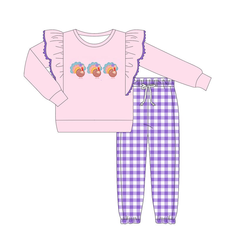 Baby Girls Light Pink Long Sleeves Turkey Top Purple Plaid Pant Set Preorder