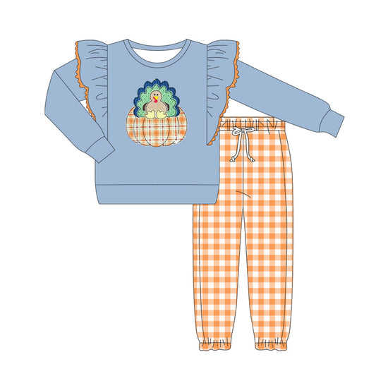 Baby Girls Blue Long Sleeves Turkey Pumpkin Top Orange Plaid Pant Set Preorder