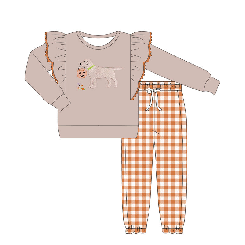 Baby Girls Lavender Long Sleeves Ghost Pumpkins Dog Top Orange Plaid Pant Set Preorder