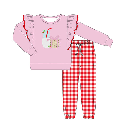 Baby Girls Pink Long Sleeves Gift Milk Top Red Plaid Pant Set Preorder