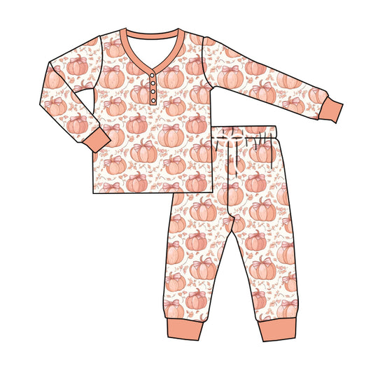 Adult Women Long Sleeves Bow Pumpkins Button Top Pant Pajamas Set Preorder