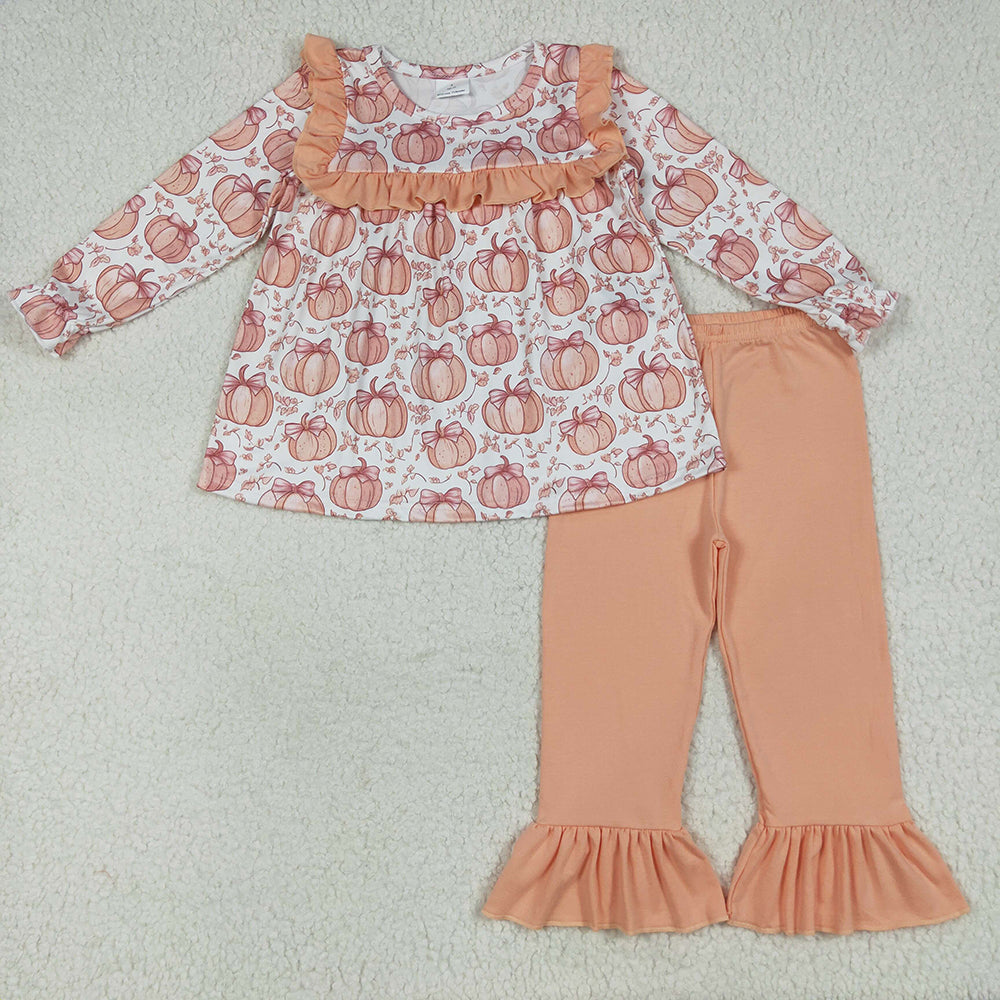 Baby Girls Fall Bow Pumpkins Tunic Ruffle Pants Clothes Sets