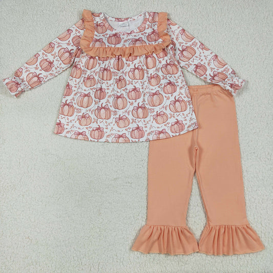 Baby Girls Fall Bow Pumpkins Tunic Ruffle Pants Clothes Sets