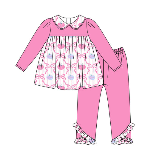Baby Girls Pink Long Sleeves Bow Pumpkins Plaid Tunic Ruffle Pant Set Preorder