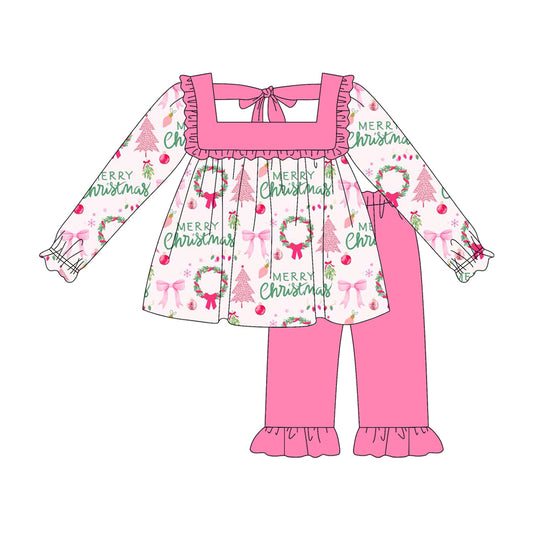 Baby Girls Long Sleeves Bow Christmas Trees Tunic Ruffle Pant Set Preorder