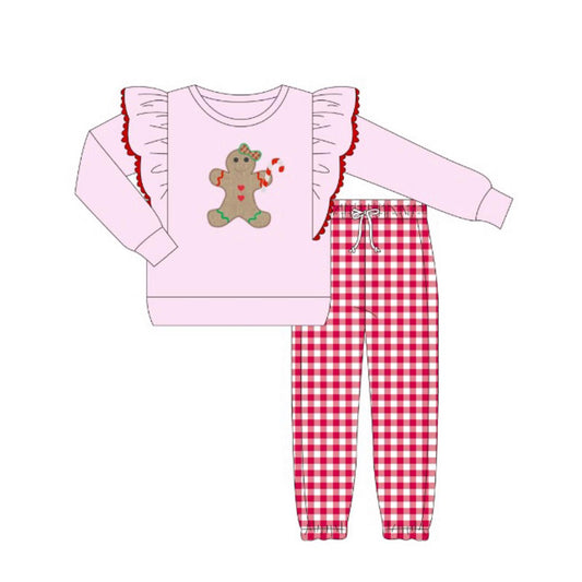 Baby Girls Pink Long Sleeves Gingerbread Top Red Plaid Pant Set Preorder