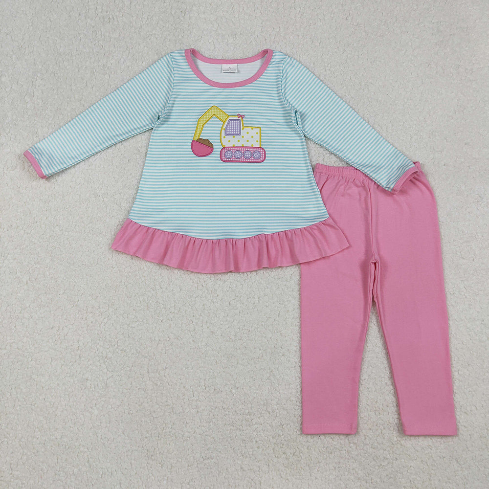 Embroidery Baby Girls Blue Stripe Excavator Tunic Pink Legging Pants Sets