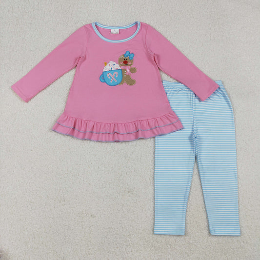 Embroidery Baby Girls Pink Christmas Gingerbread Tunic Blue Legging Pants Sets