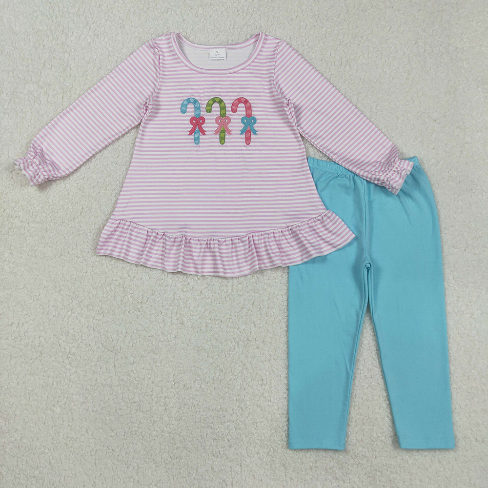 Embroidery Baby Girls Christmas Pink Stripe Candy Cane Tunic Legging Pants Sets