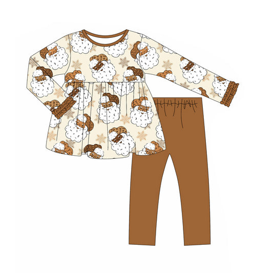 Baby Girls Long Ruffle Sleeves Khaki Santa Snowflake Tunic Legging Pant Set Preorder