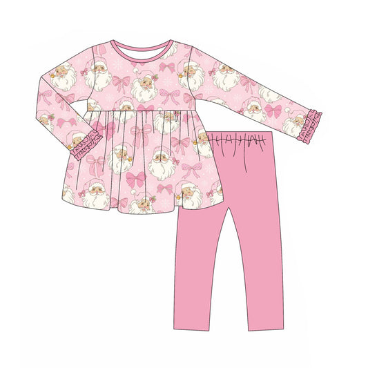 Baby Girls Long Ruffle Sleeves Pink Bows Santa Tunic Legging Pant Set Preorder