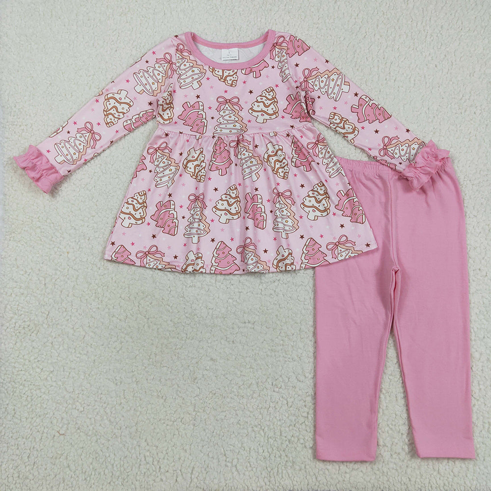 Baby Girls Pink Christmas Trees Bows Tunic Legging Pant Clothes Set