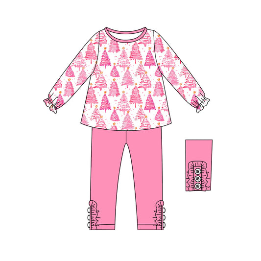 Baby Girls Long Ruffle Sleeves Pink Trees Plaid Tunic Legging Pant Set Preorder