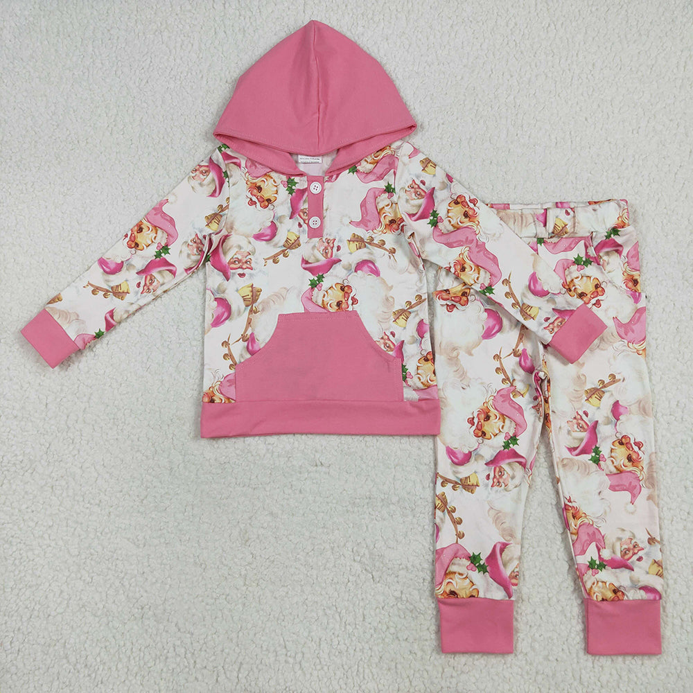 Baby Girls Pink Christmas Santa Button Hoodies Pockets Pant Sets
