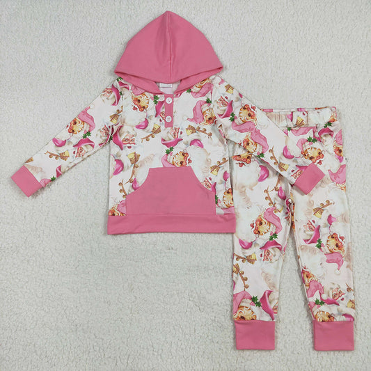 Baby Girls Pink Christmas Santa Button Hoodies Pockets Pant Sets