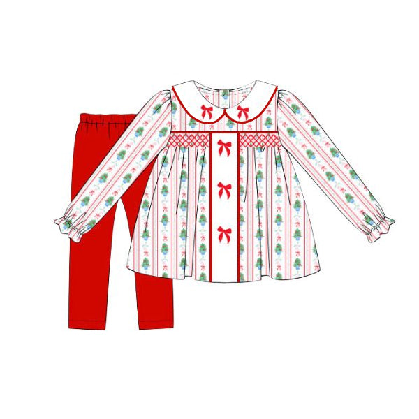 Baby Girls Long Ruffle Sleeves Red Green Bows Stripe Tunic Legging Pant Set Preorder