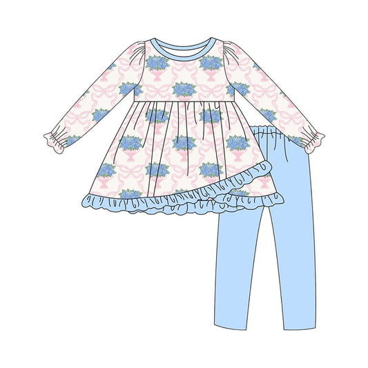 Baby Girls Long Ruffle Sleeves Bows Floral Plaid Tunic Blue Legging Pant Set Preorder
