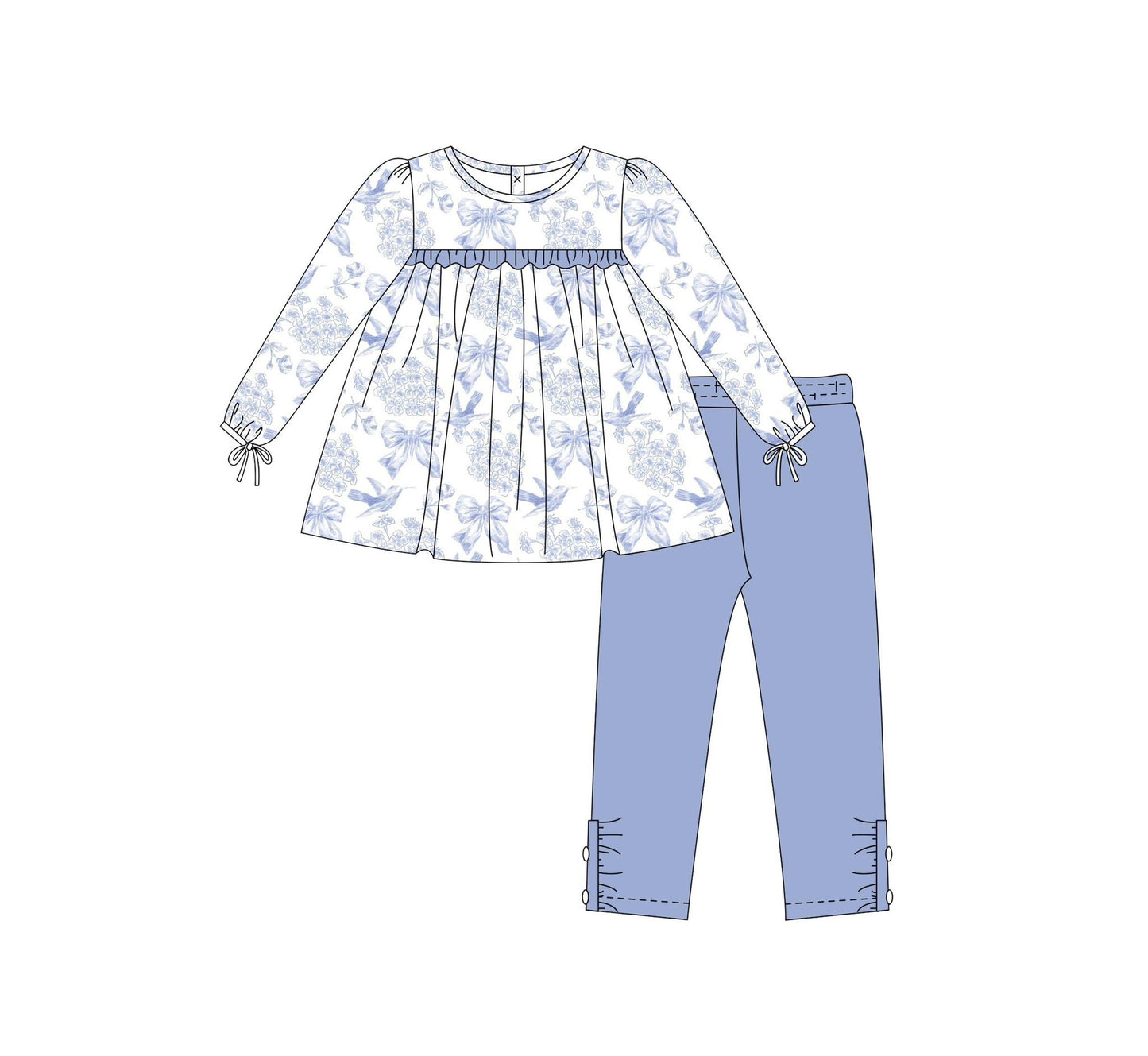 Baby Girls Long Ruffle Sleeves Bows Floral Plaid Tunic Lavender Legging Pant Set Preorder