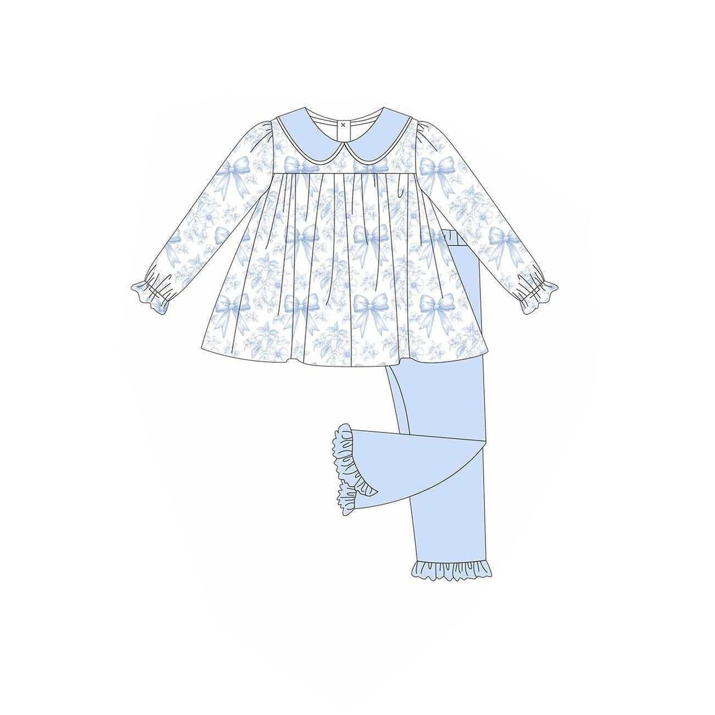 Preorder moq 5 Baby Girls Light Blue Bows Floral Plaid Tunic Ruffle Pant Set