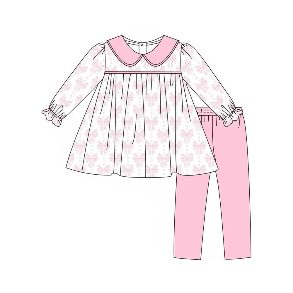 Baby Girls Long Ruffle Sleeves Bows Plaid Tunic Light Pink Legging Pant Set Preorder