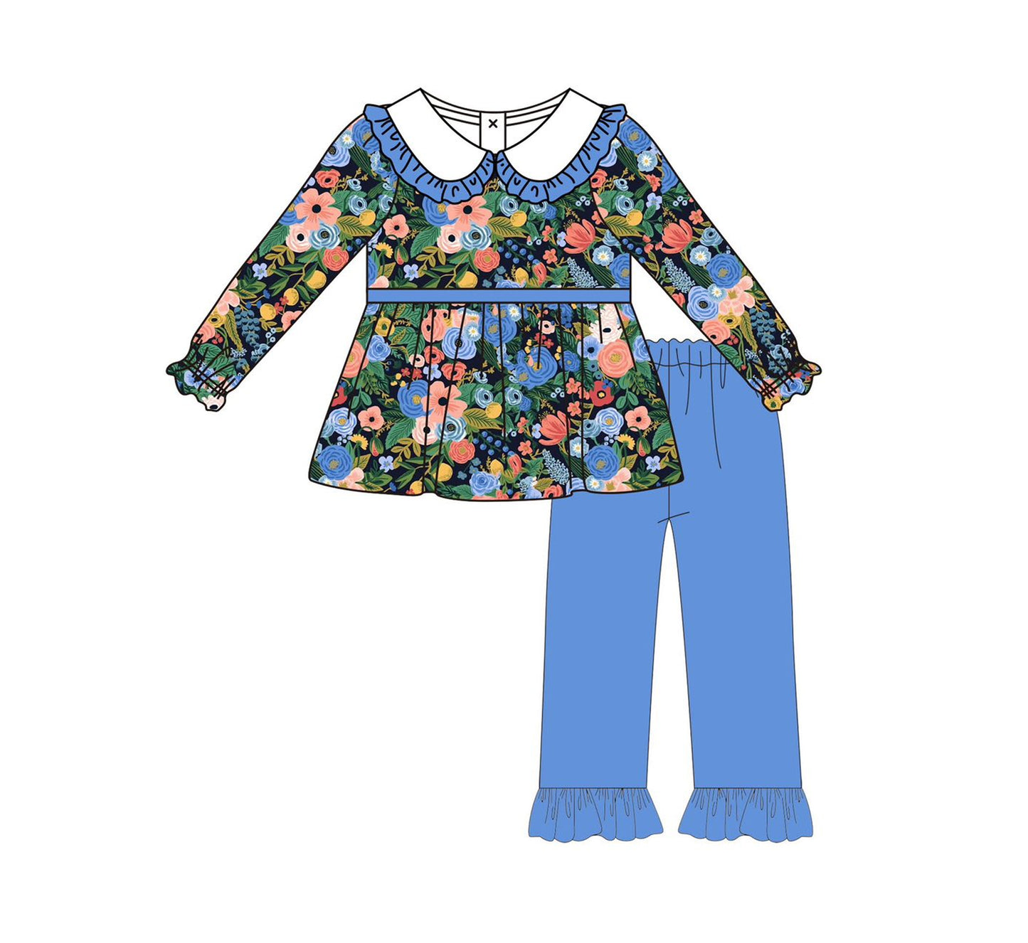 Preorder moq 5 Baby Girls Long Sleeves Floral Print Tunic Hot Blue Ruffle Pant Set