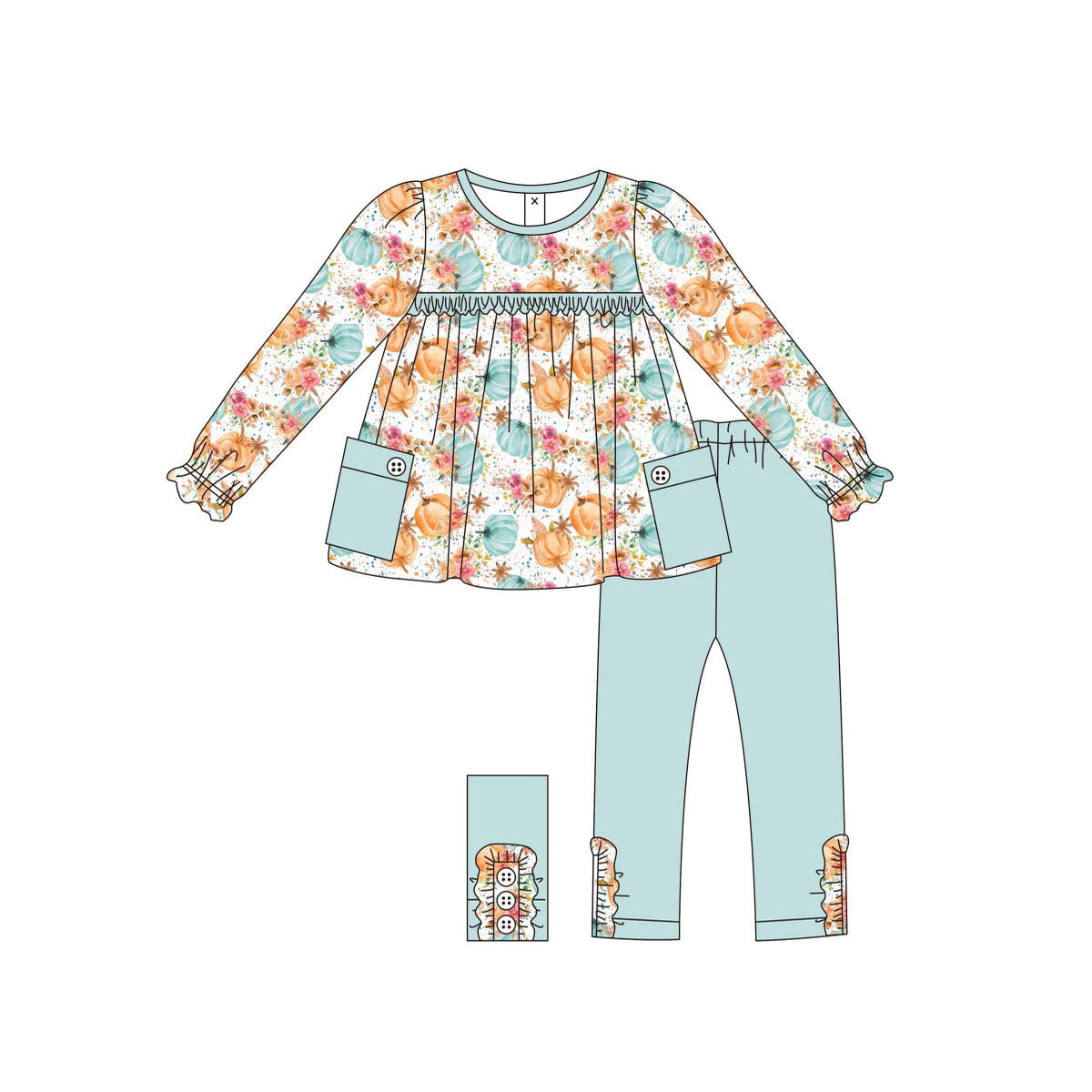 Preorder moq 5 Baby Girls Long Ruffle Sleeves Flower Pumpkins Pockets Tunic Aqua Pant Set