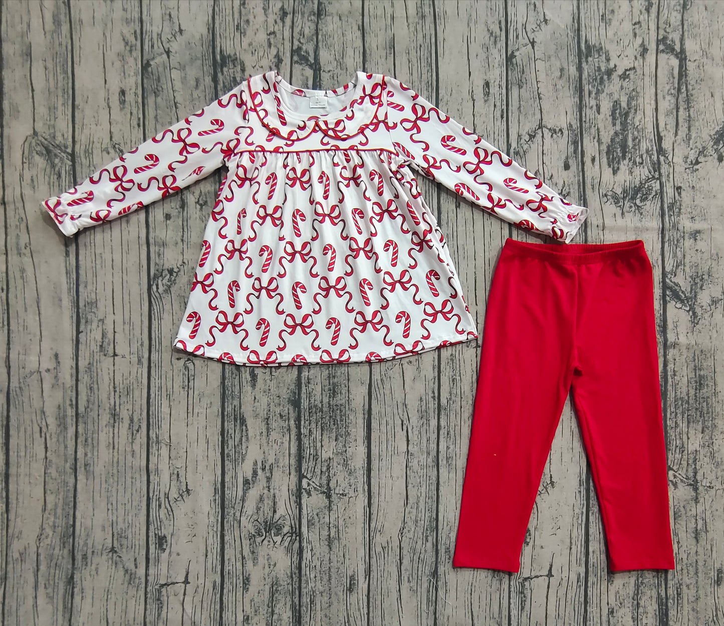 Baby Girls Long Ruffle Sleeves Red Bows Candy Cane Plaid Tunic Legging Pant Set Preorder