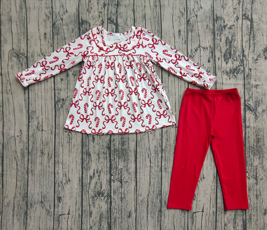 Baby Girls Long Ruffle Sleeves Red Bows Candy Cane Plaid Tunic Legging Pant Set Preorder