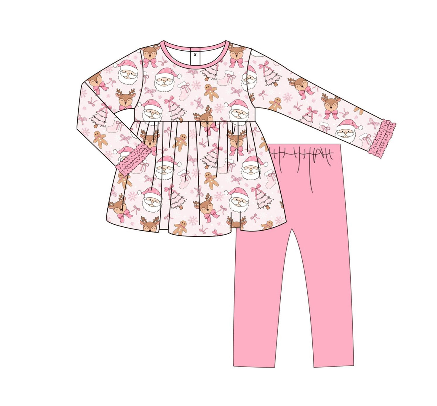 Baby Girls Long Ruffle Sleeves Pink Santa Trees Tunic Legging Pant Set Preorder