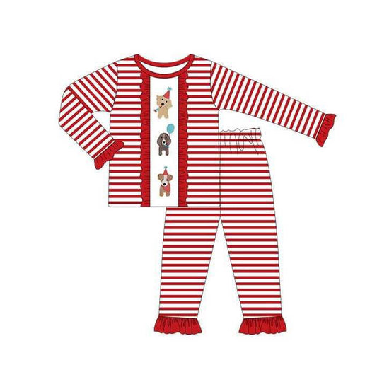 Baby Girls Long Ruffle Sleeves Red Stripe Dogs Top Pant Pajamas Set Preorder