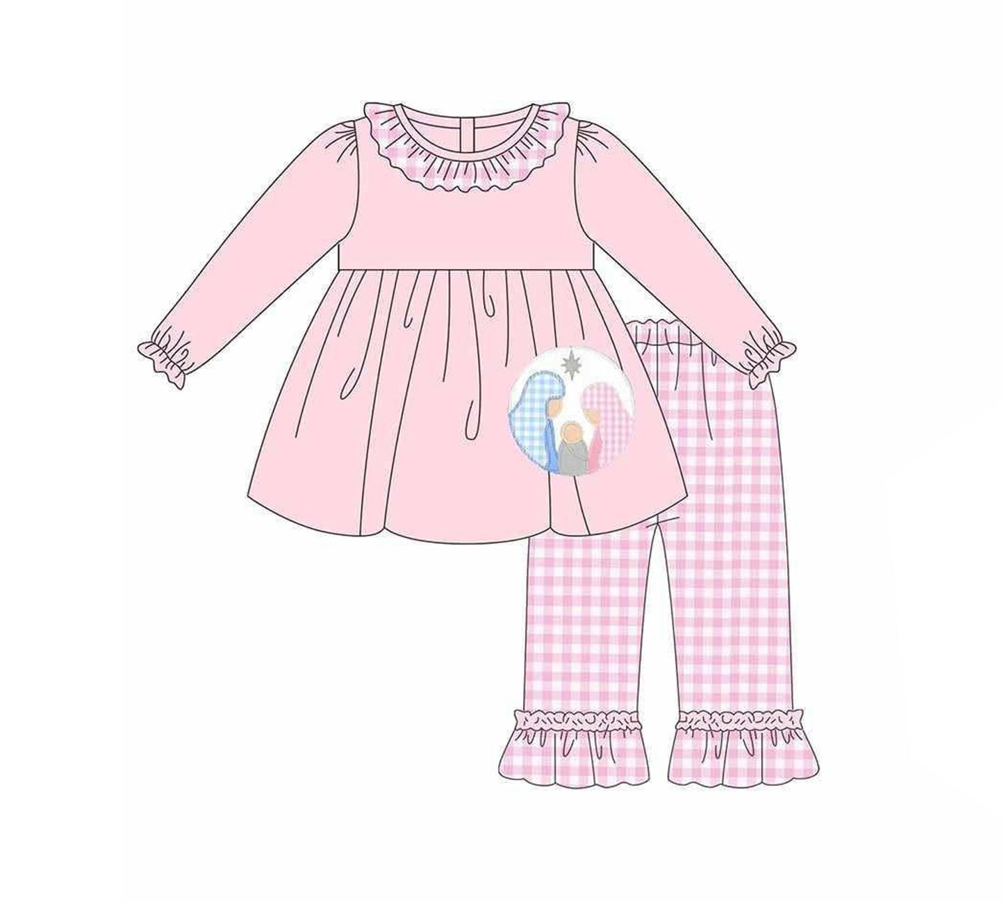 Baby Girls Pink Long Ruffle Sleeves Nativity Tunic Plaid Pant Set Preorder