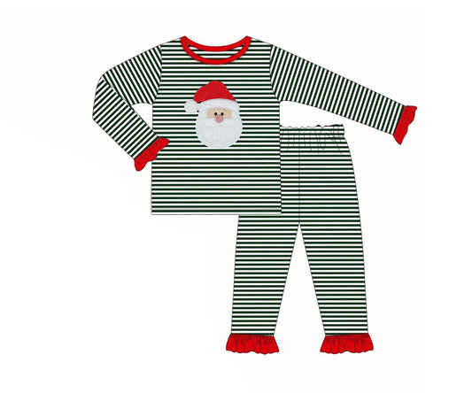 Baby Girls Long Ruffle Sleeves Black Stripes Santa Top Pant Pajamas Set Preorder