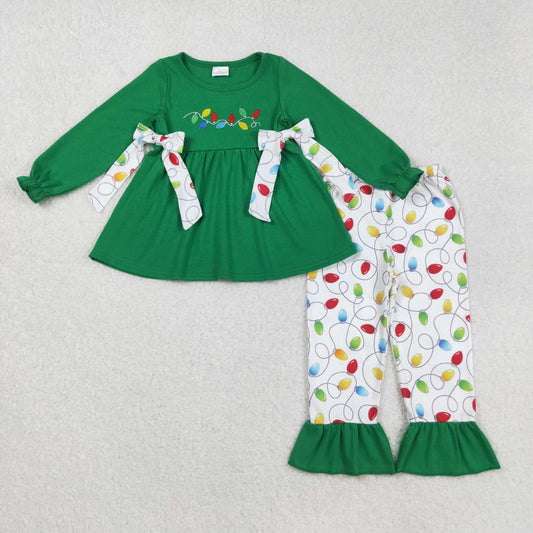 Embroidery Lights Baby Girls Green Bows Tunic Ruffle Pant Christmas Clothes Set